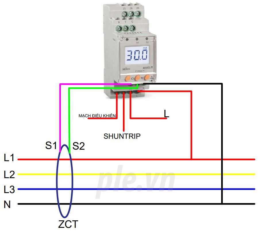 Sơ đồ đấu nối Rơ le bảo vệ dòng rò và chạm đất Selec 900ELR sử dụng cấp nguồn mạch điều khiển