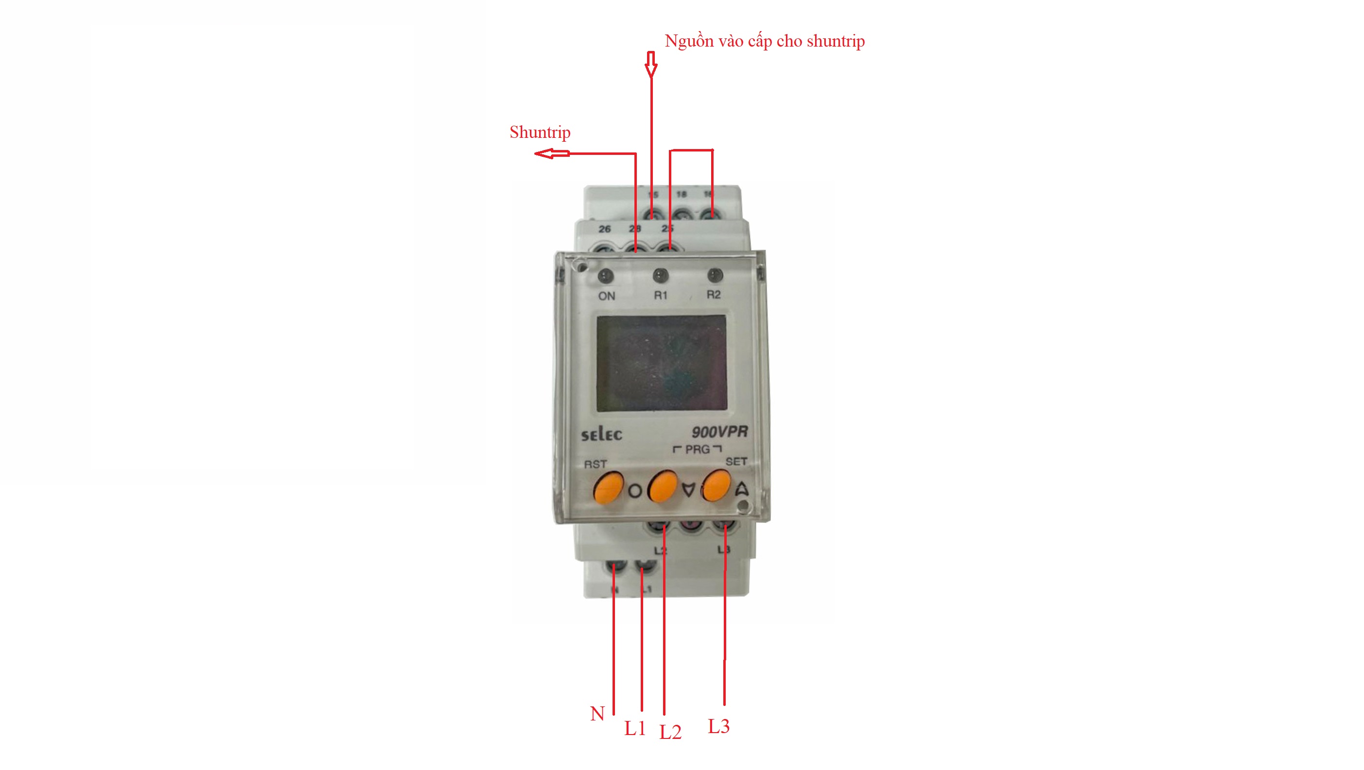 Sơ đồ đấu nối Rơ le bảo vệ Selec 900VPR sử dụng cấp nguồn cho Shuntrip