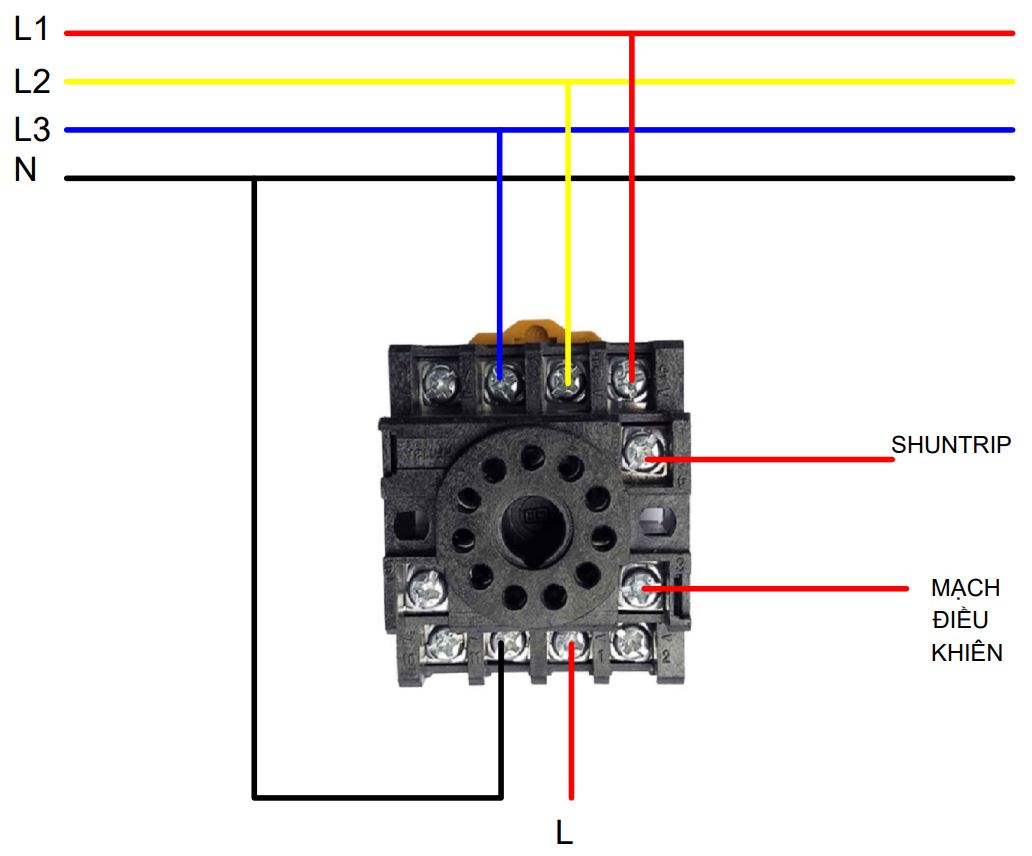 Sơ đồ đấu nối Rơ le bảo vệ Mất pha và Ngược pha Mikro MX100 sử dụng cấp nguồn mạch điều khiển