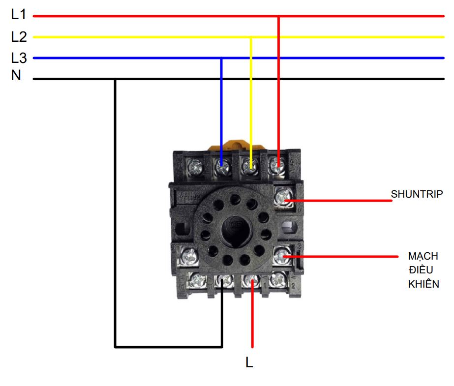 Sơ đồ đấu nối Rơ-le bảo vệ Quá áp, Thấp áp và Mất pha Mikro MX200A sử dụng cấp nguồn mạch điều khiển