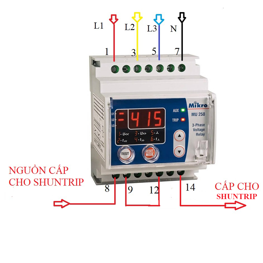 Sơ đồ đấu nối Mikro MU 250-415V sử dụng cấp nguồn cho Shuntrip