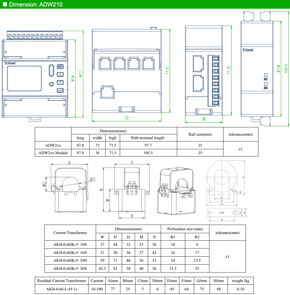 Kích thước: Acrel ADW210
