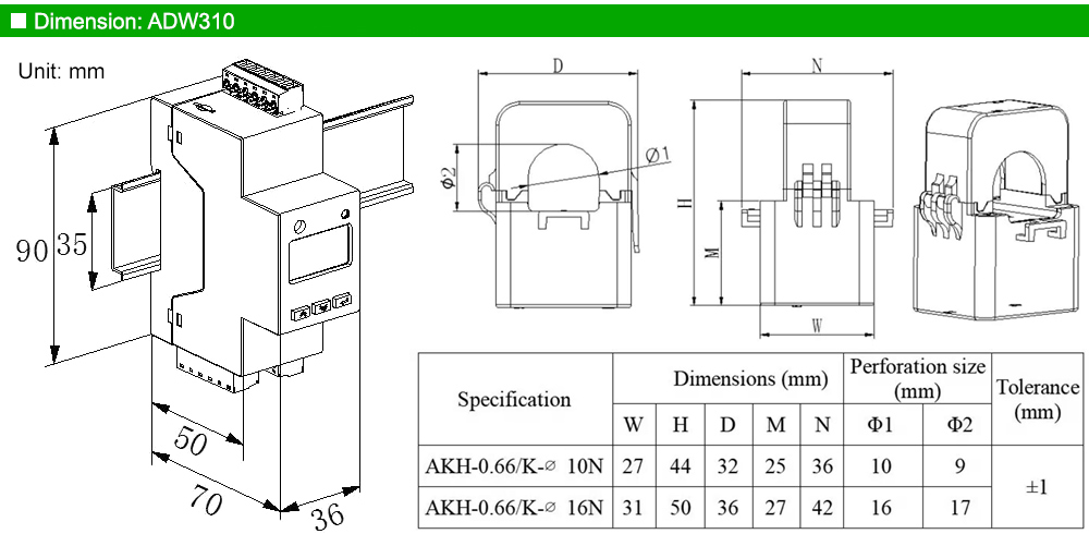 Kích thước: Acrel ADW310