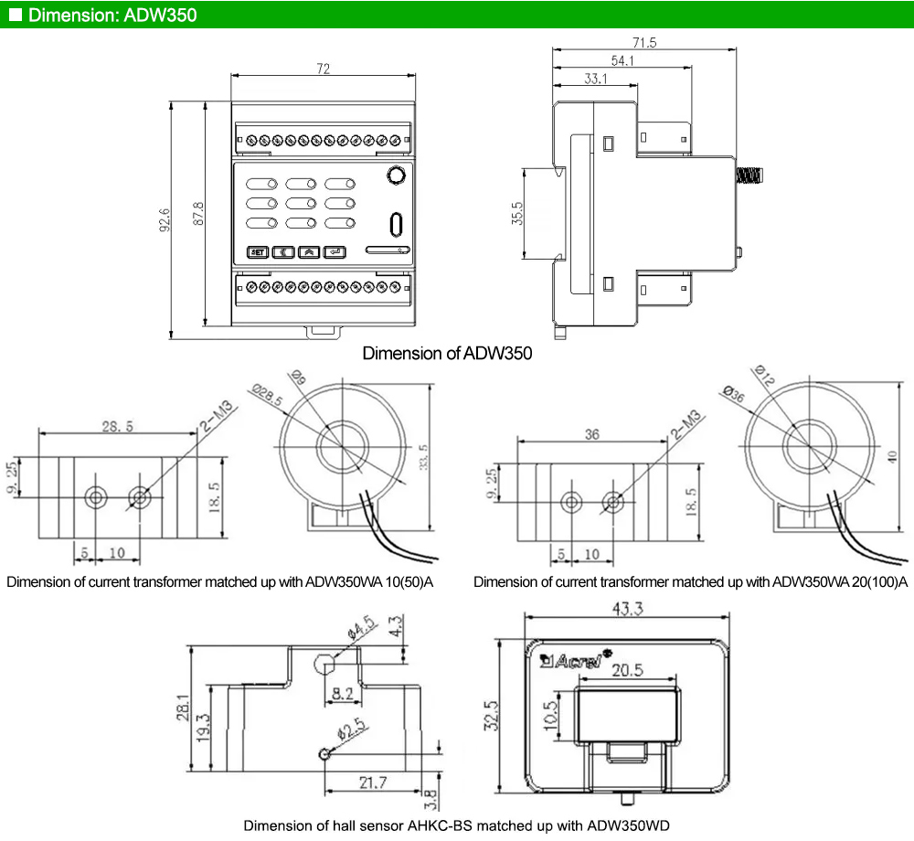 Kích thước: Acrel ADW350