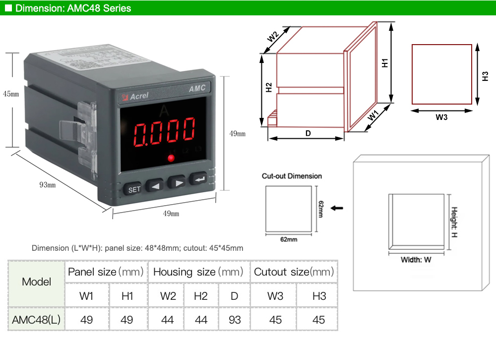 Kích thước: Acrel AMC48-AI3