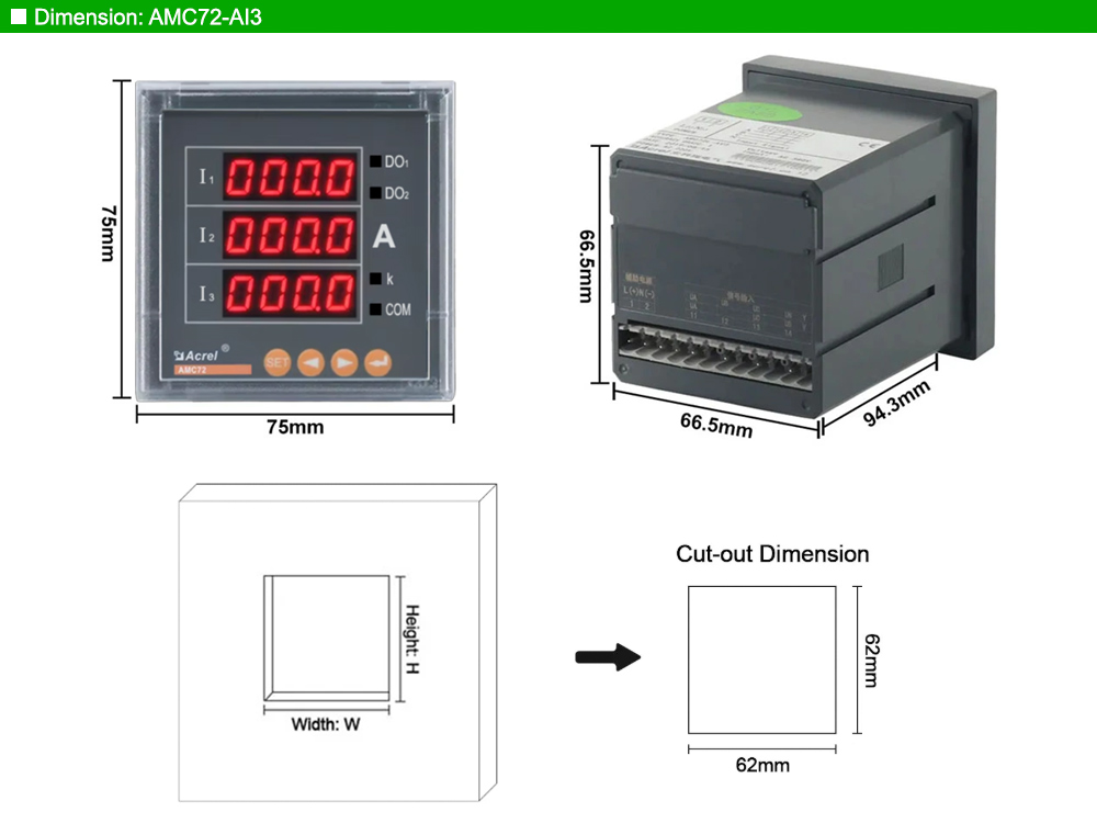 Kích thước: Acrel AMC72-AI3