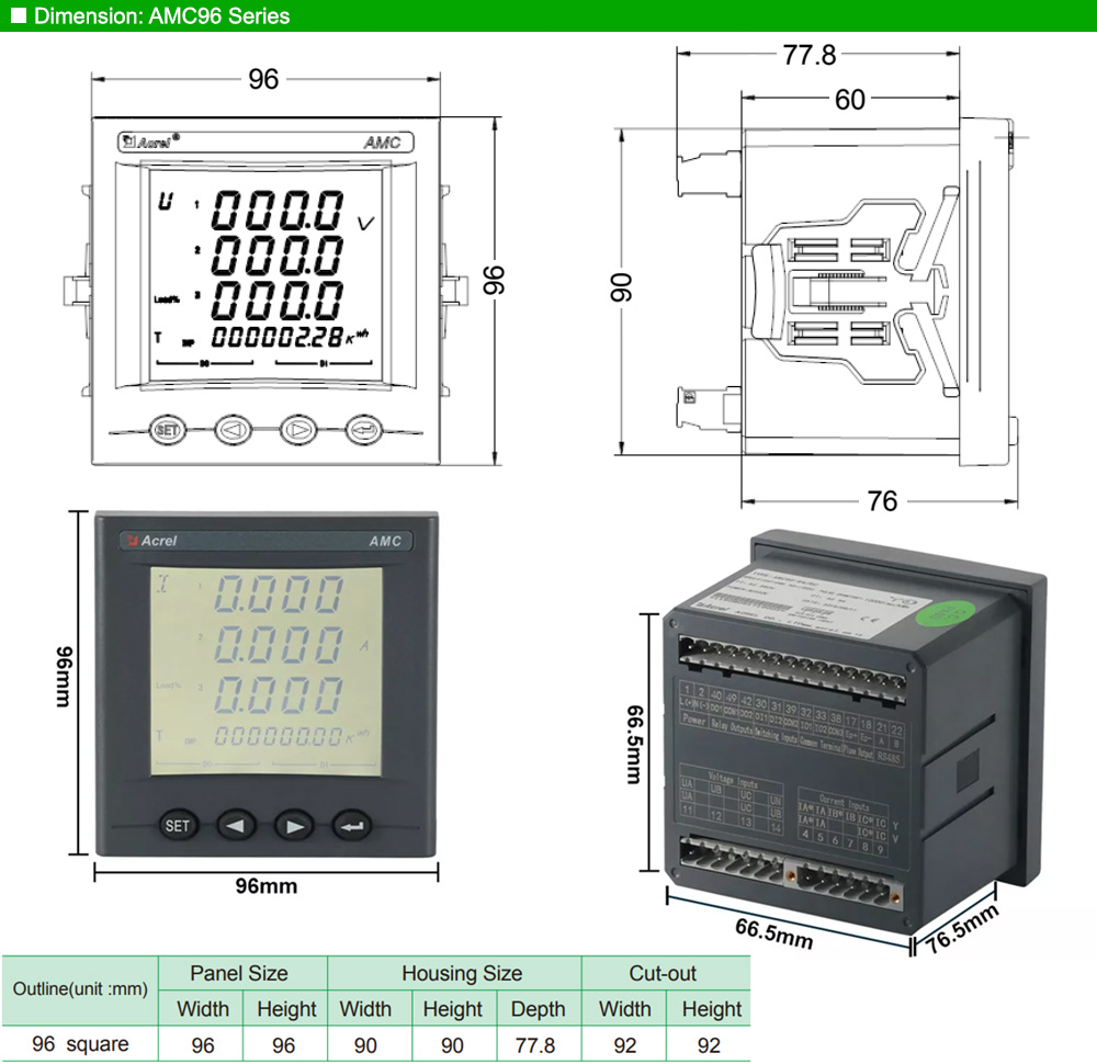 Kích thước: Acrel AMC96L-E4/KC