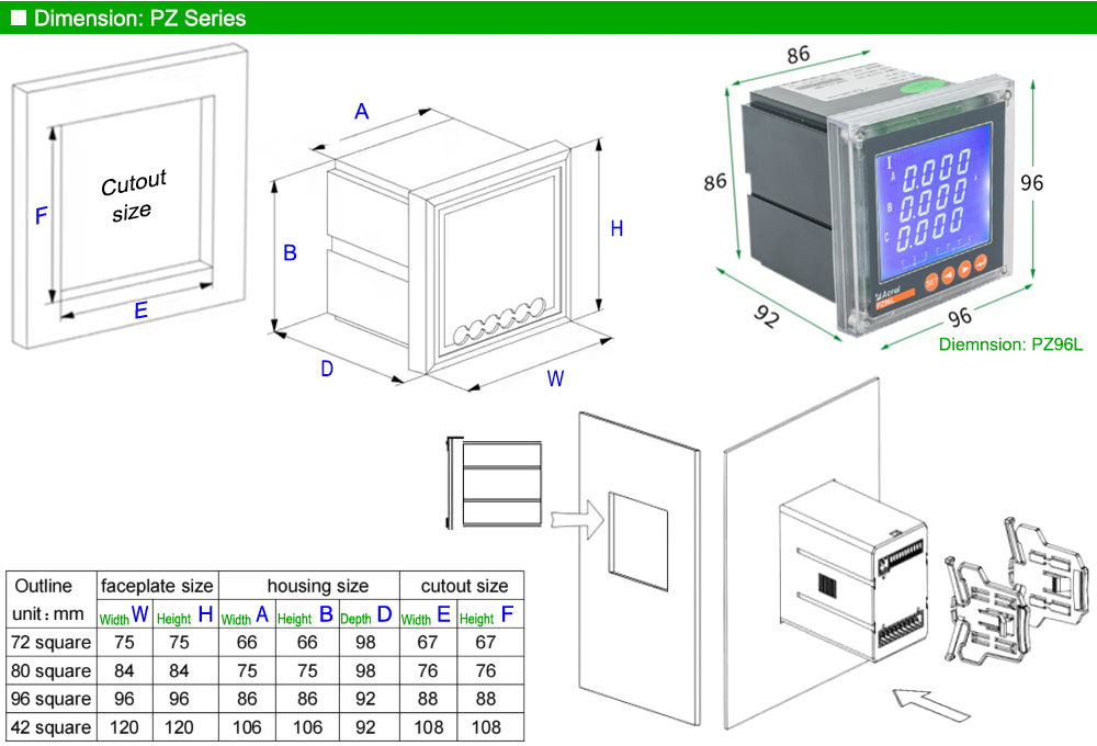 Kích thước: Acrel PZ96L-E3/KC