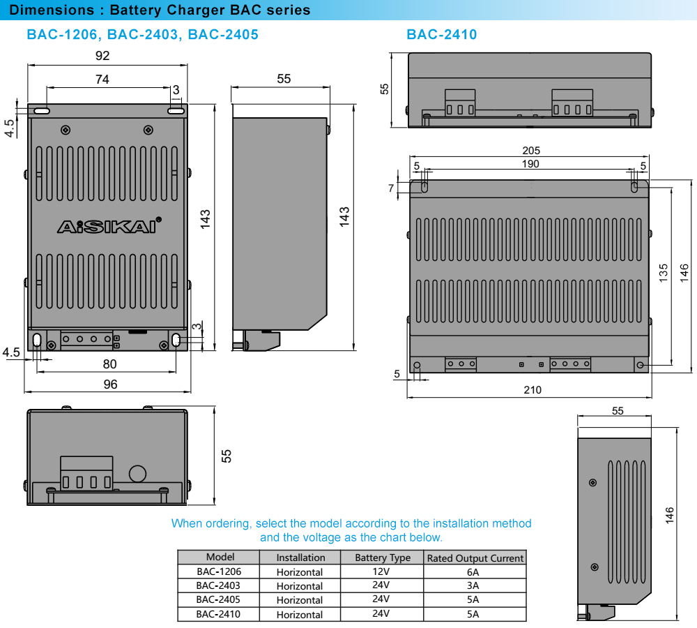 Kích thước: Bộ Pin sạc tự động Aisikai BAC-2405