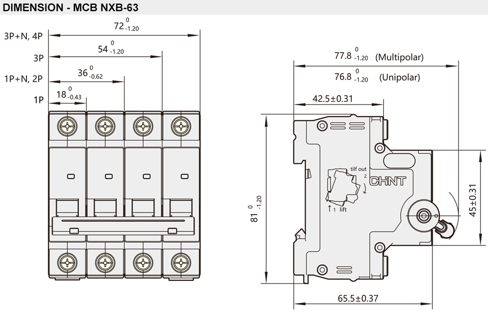 Kích thước CHINT NXB-63 4P C20