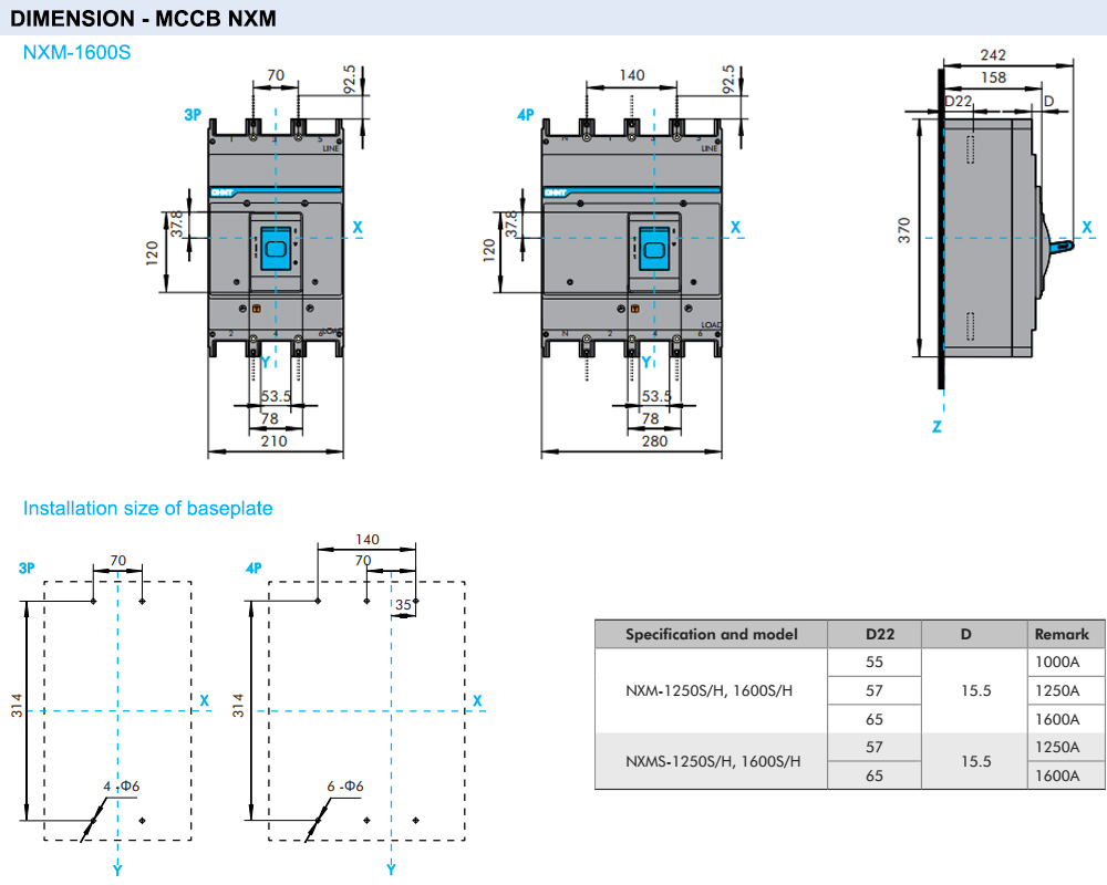 Kích thước Cầu dao tự động CHINT NXM‐1600S/4300TB 1250A