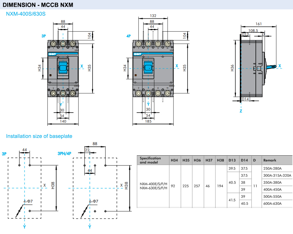 Kích thước Cầu dao tự động CHINT NXM‐630S/4300B 630A