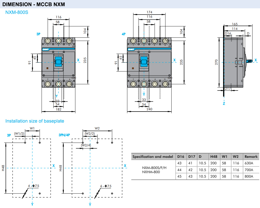 Kích thước Cầu dao tự động CHINT NXM‐800S/4300B 800A