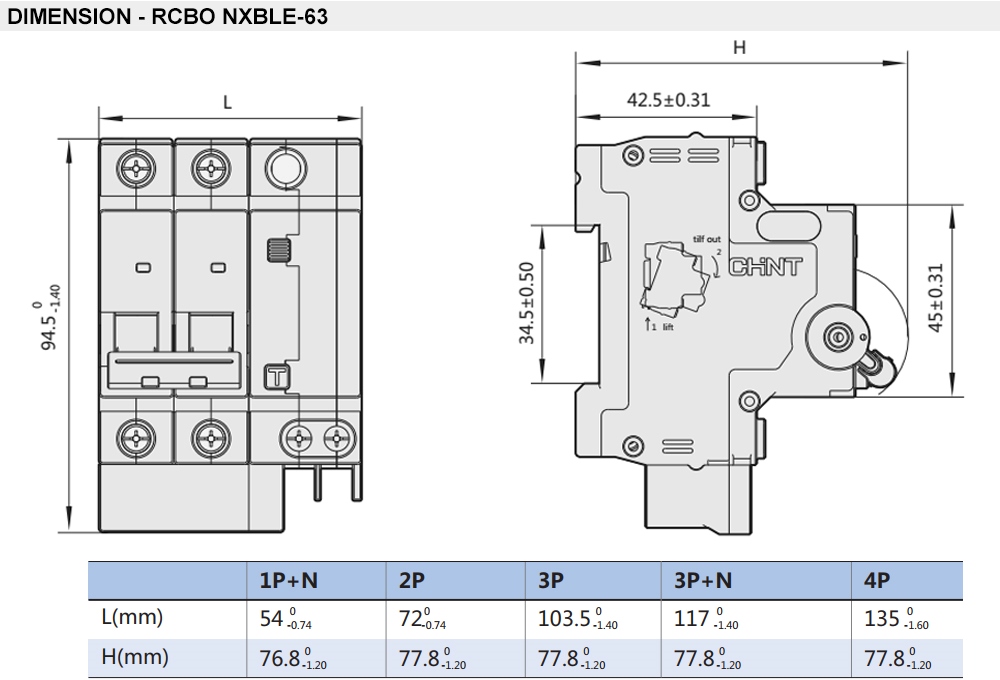 Kích thước CHINT NXBLE-63 1P+N C63