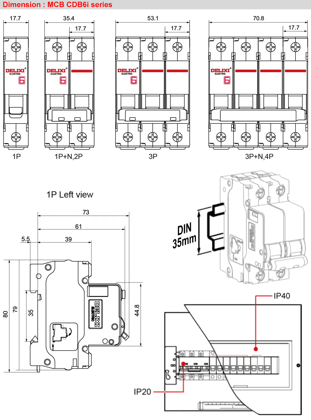 Kích thước : MCB Delixi CDB6i2C20 2P 20A 6kA
