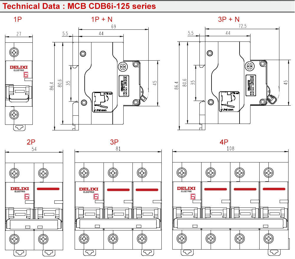 Kích thước : MCB Delixi CDB6i1251C63 1P 63A 10kA