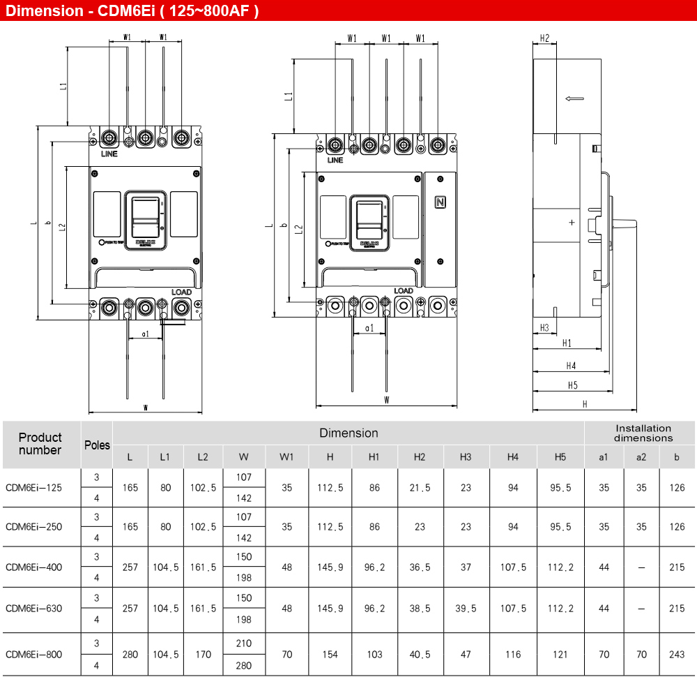 Kích thước : MCCB Delixi CDM6Ei125M1253300 3P 125A 50kA