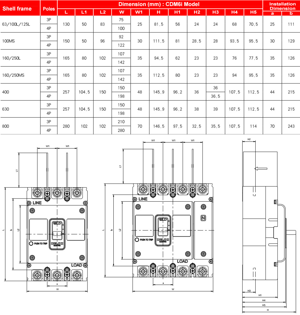 Kích thước : MCCB Delixi CDM6i63L163300 3P 16A 35kA