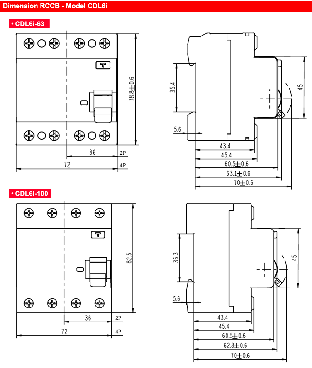Kích thước : RCCB Delixi CDL6i2100SC