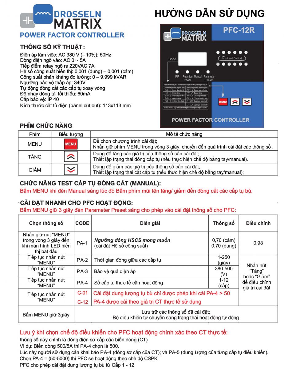 Thông số kỹ thuật DROSSELN PFC-12R