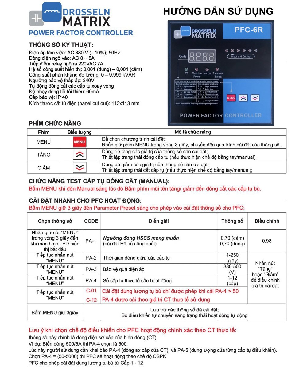 Thông số kỹ thuật DROSSELN PFC-6R