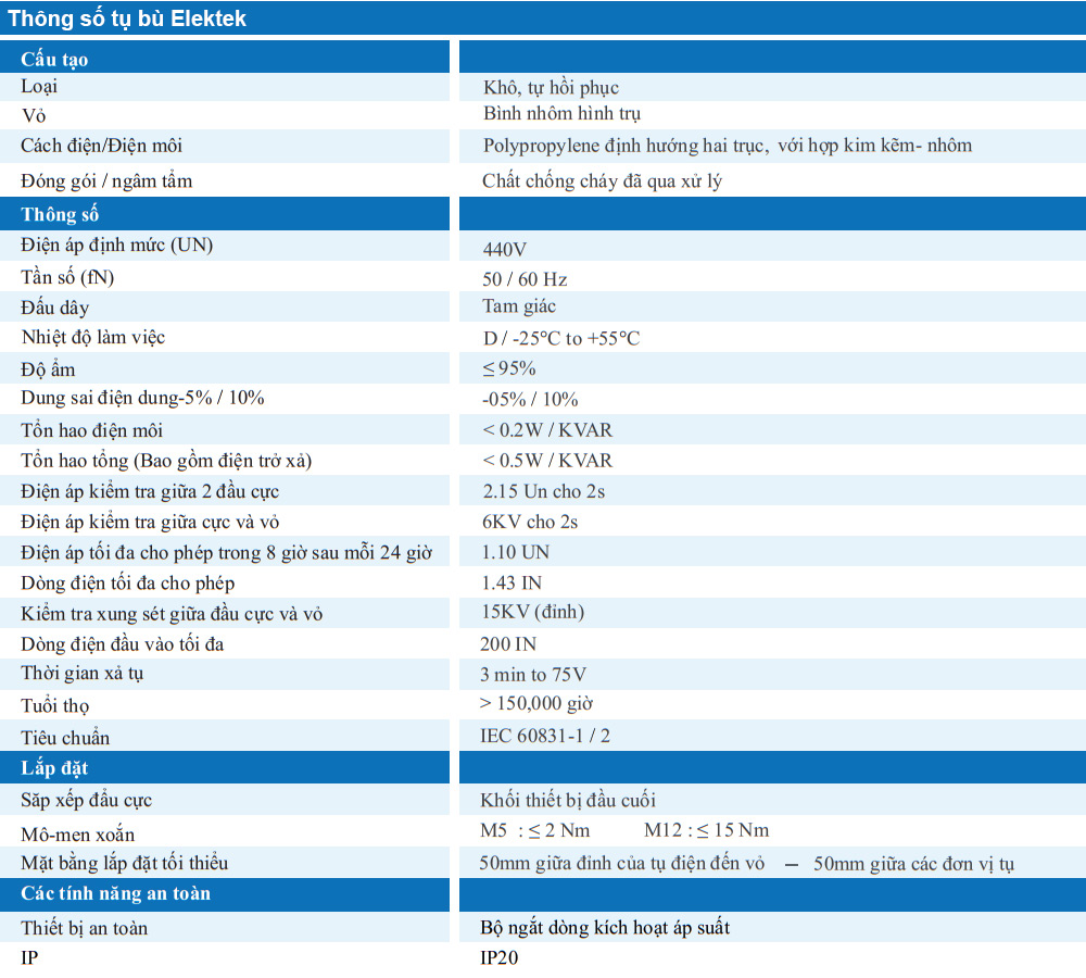 Thông số kỹ thuật : Elektek ELT0050