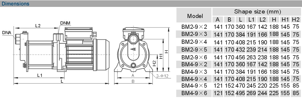 Kích thước máy bơm EWARA BM 4-9*3