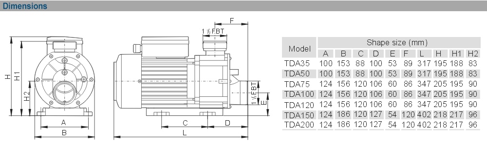 Kích thước máy bơm EWARA TDA 100