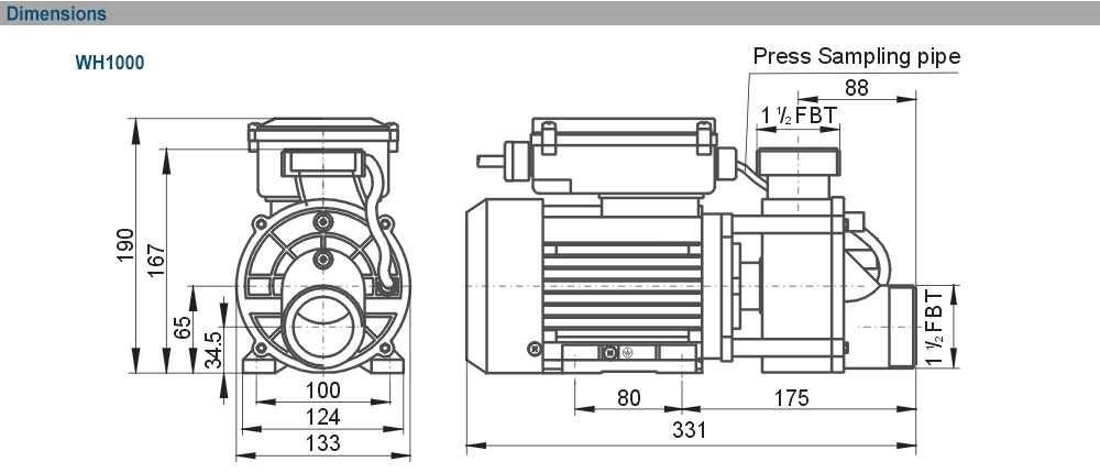 Kích thước máy bơm EWARA WH 100