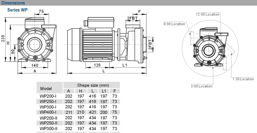 Kích thước máy bơm EWARA WP 200IT