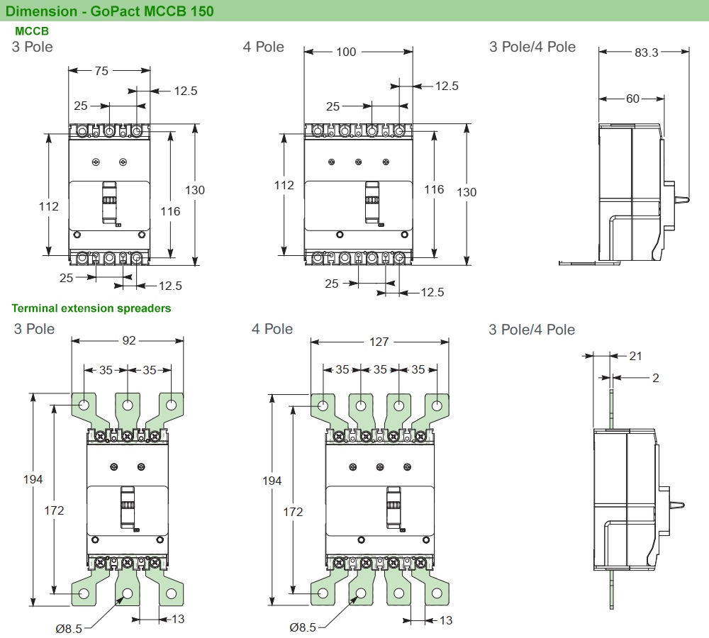 Kích thước : MCCB GoPact G12E3F16