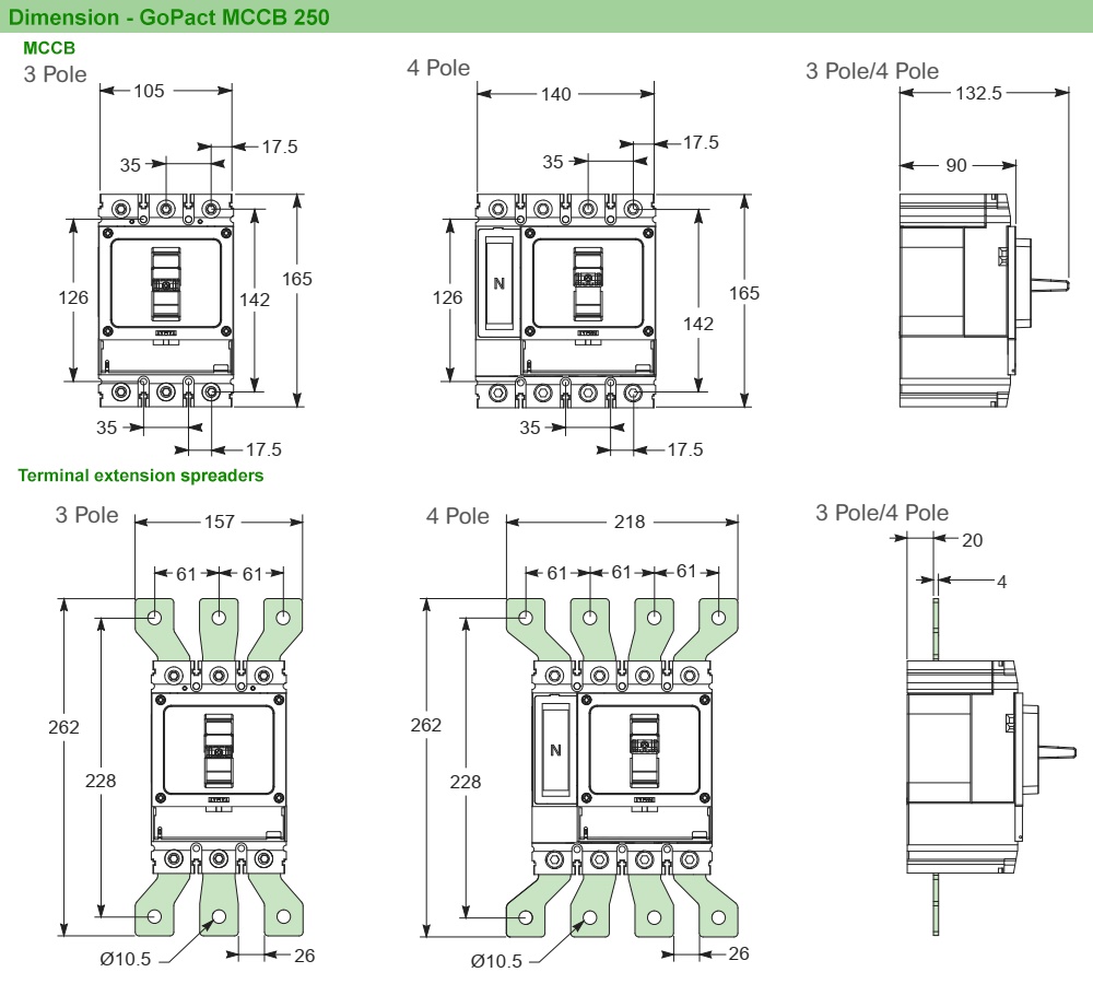 Kích thước : MCCB GoPact G25B4A250