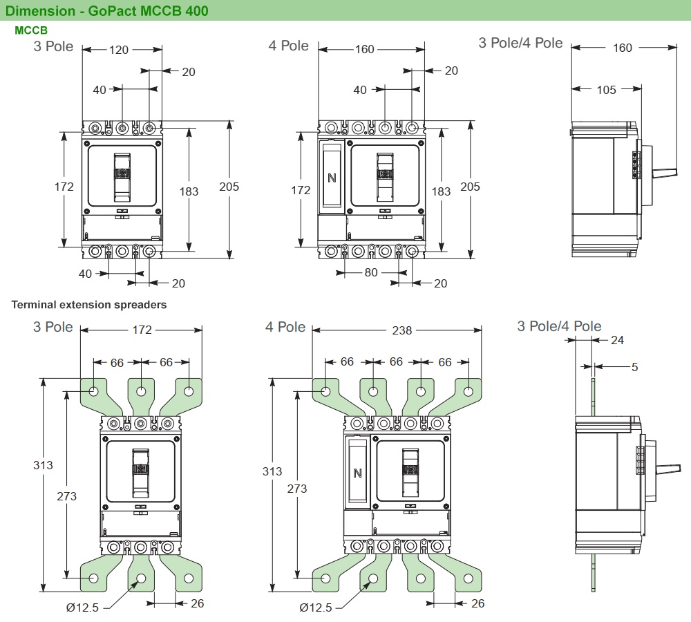 Kích thước : MCCB GoPact G40N4A400
