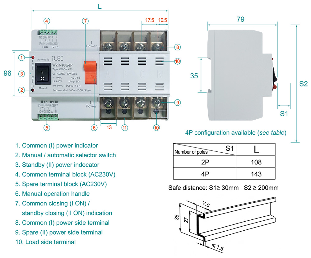 Kích thước & mô tả bên ngoài: ATS iLEC W2R-10/2P