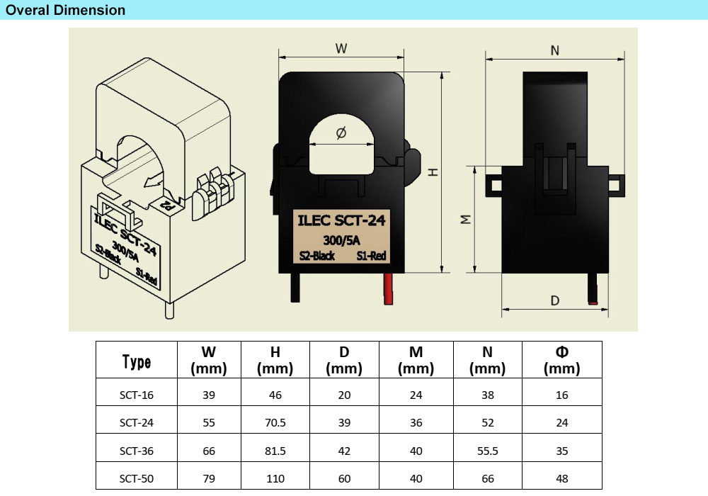 Kích thước Biến dòng kẹp ILEC SCT-24 100/5A