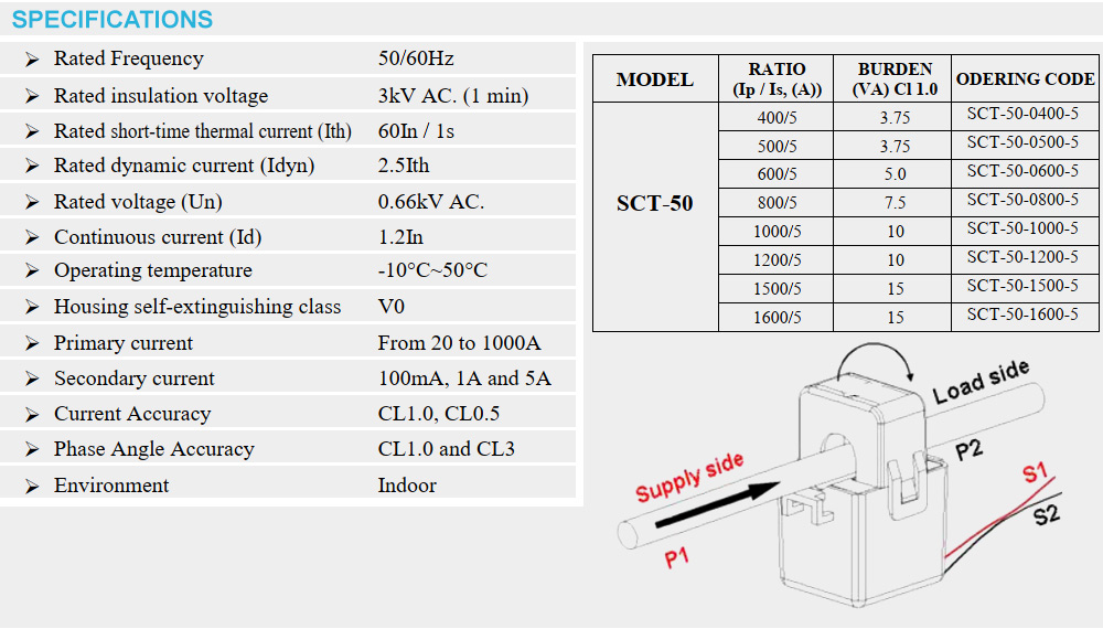 Thông số kỹ thuật Biến dòng kẹp ILEC SCT-50 400/5A