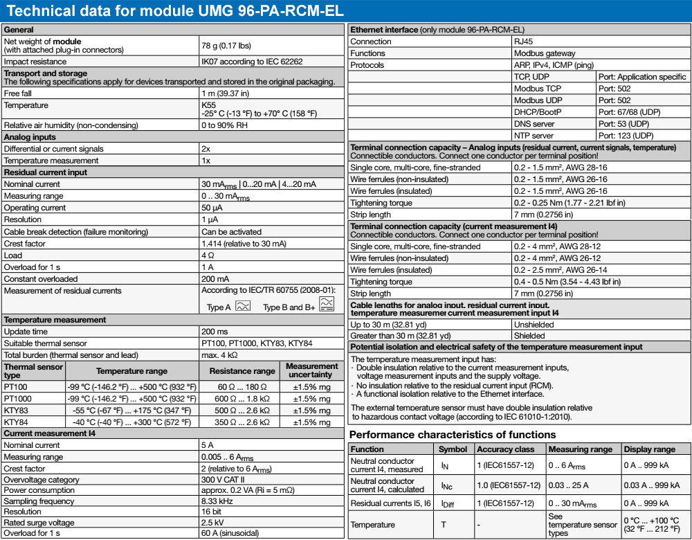Thông số kỹ thuật : Janitza UMG 96-PA-RCM-EL