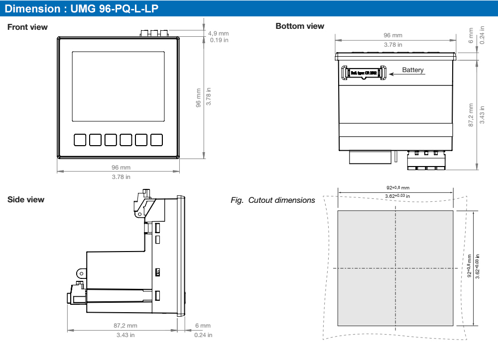 Kích thước : Janitza UMG 96-PQ-L-LP