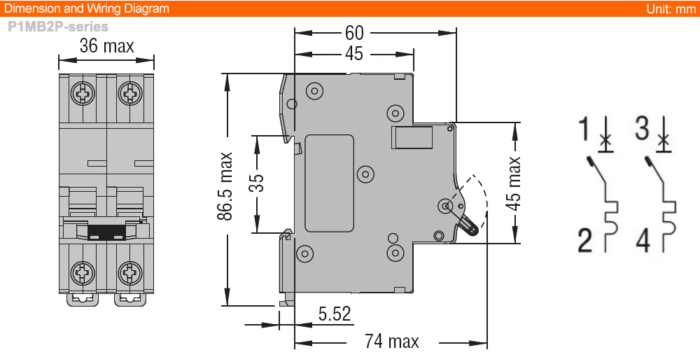 Kích thước MCB Lovato P1MB2PC02