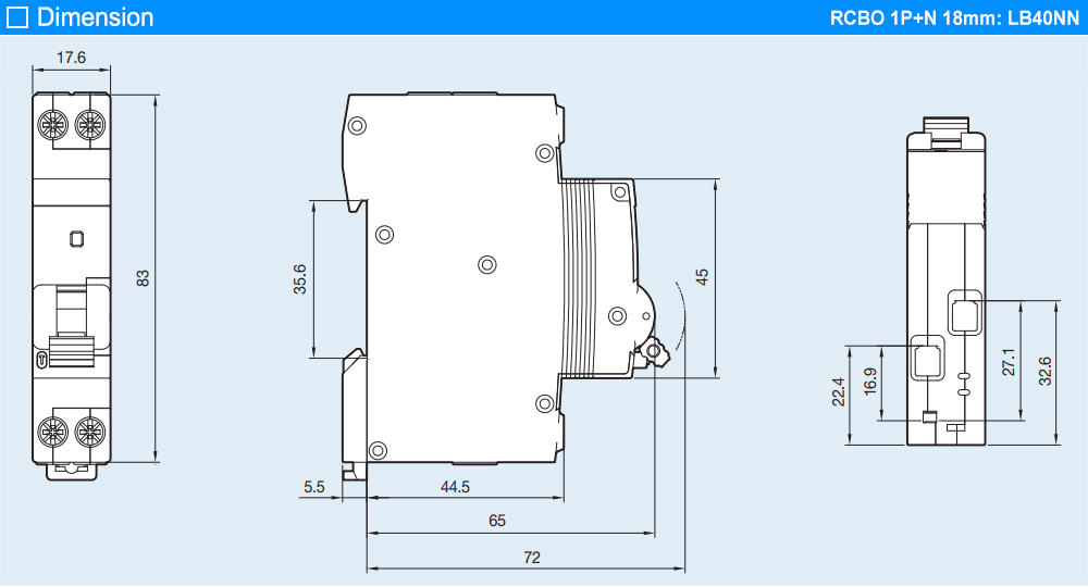 Kích thước RCBO LS LB40NN 1P+N C16