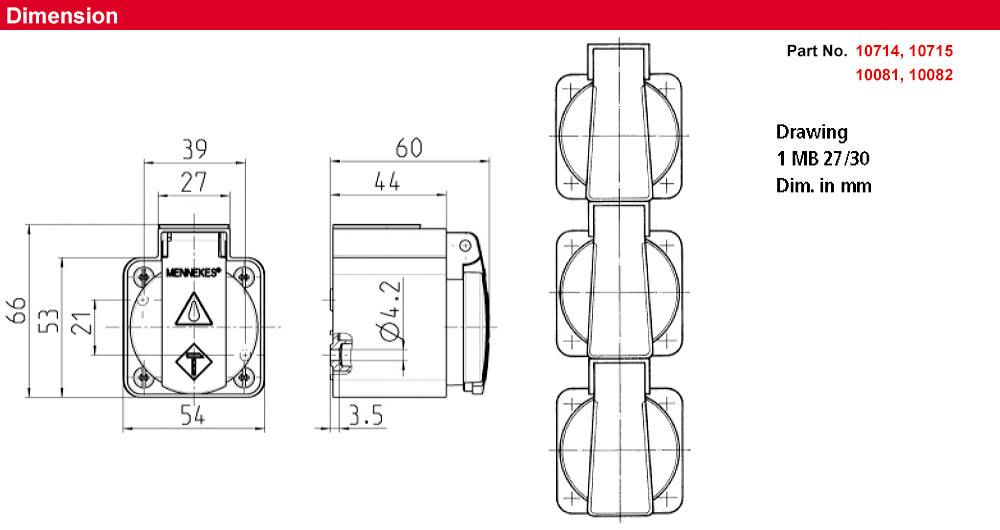 Kích thước : Ổ cắm gắn nổi SCHUKO® 10082