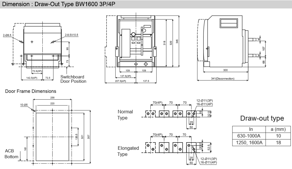 Kích thước : BW 1600-SN 3P 800A