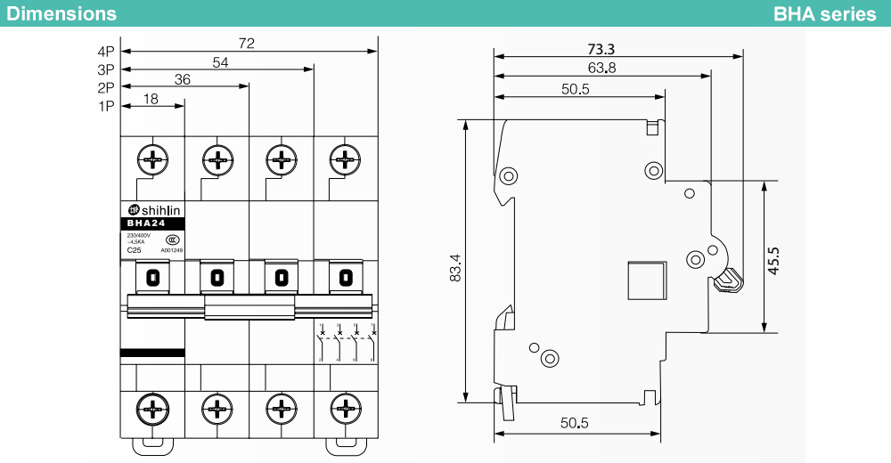Kích thước : MCB Shihlin BHA-B4 3P 25A 10kA