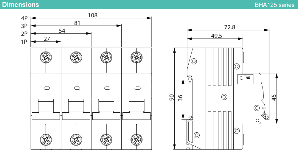 Kích thước : MCB Shihlin BHA125 2P 80A 10kA