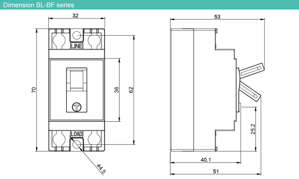 Kích thước : MCB Shihlin BL-BF C 2P1E 20A 1.5kA