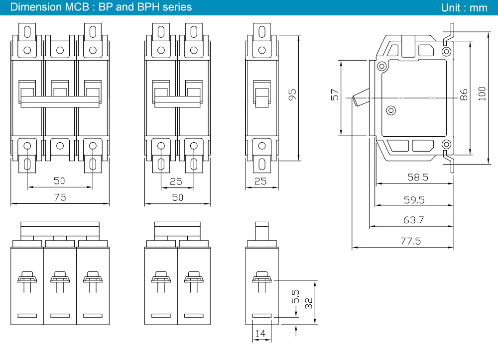 Kích thước : MCB Shihlin BP 2P 60A 5kA