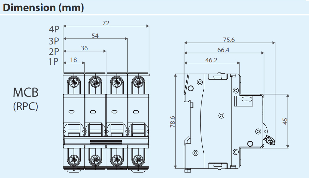Kích thước : MCB Shihlin RPC 1P 25A 6kA