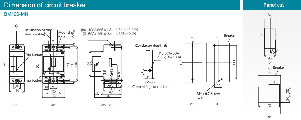 Kích thước : MCCB BM100-MN 3P 10A