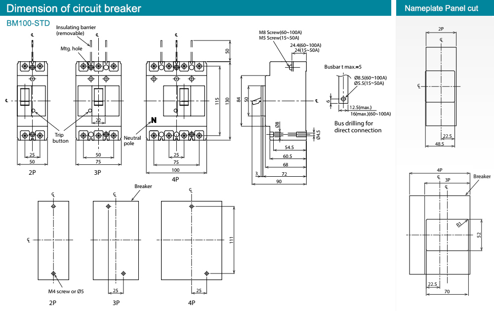 Kích thước : MCCB BM100-STD 3P 20A