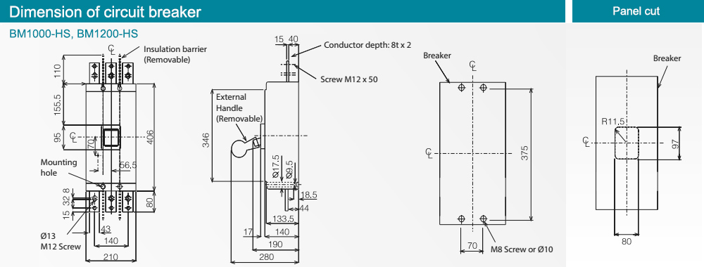 Kích thước : MCCB BM1600-HS 3P 1600A